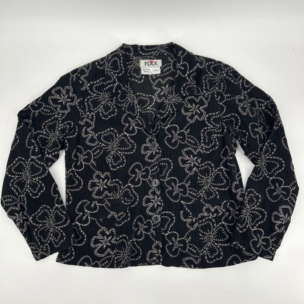 FLAX Corduroy Blazer Jacket Womens Size S Black Floral Embroidered 100% Cotton